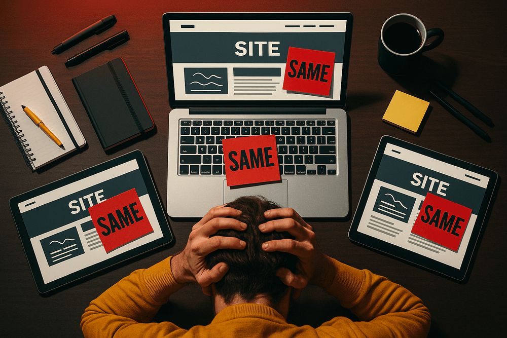 Person holding their head, surrounded by three screens that all show the same website layout stamped “SAME”